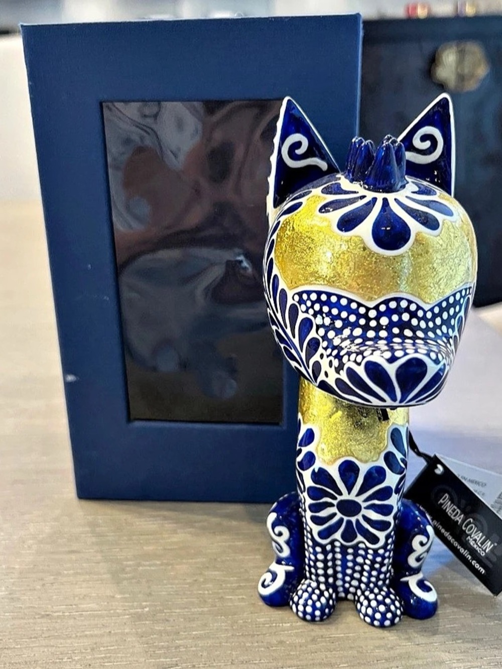 6.5" Xico Talavera Javier Becerril Hand Painted Dog Chihuahua W/Box Blue Gold